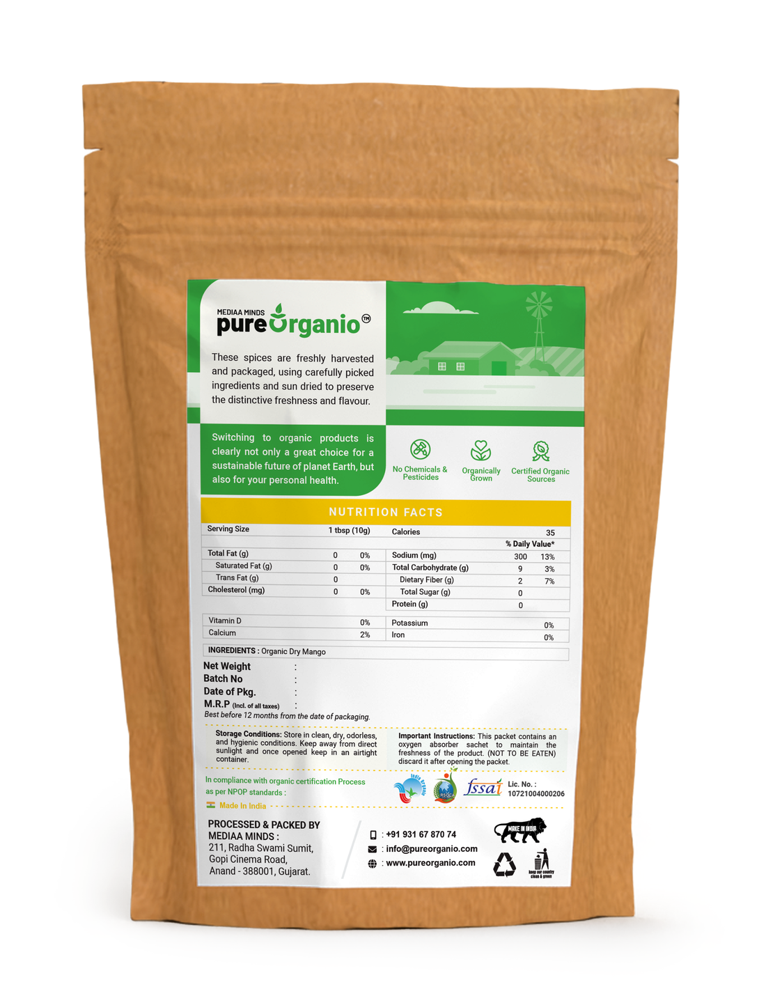 Pure Organio Organic Amchur Powder Dry Mango Powder Indian Organic NPOP Certified