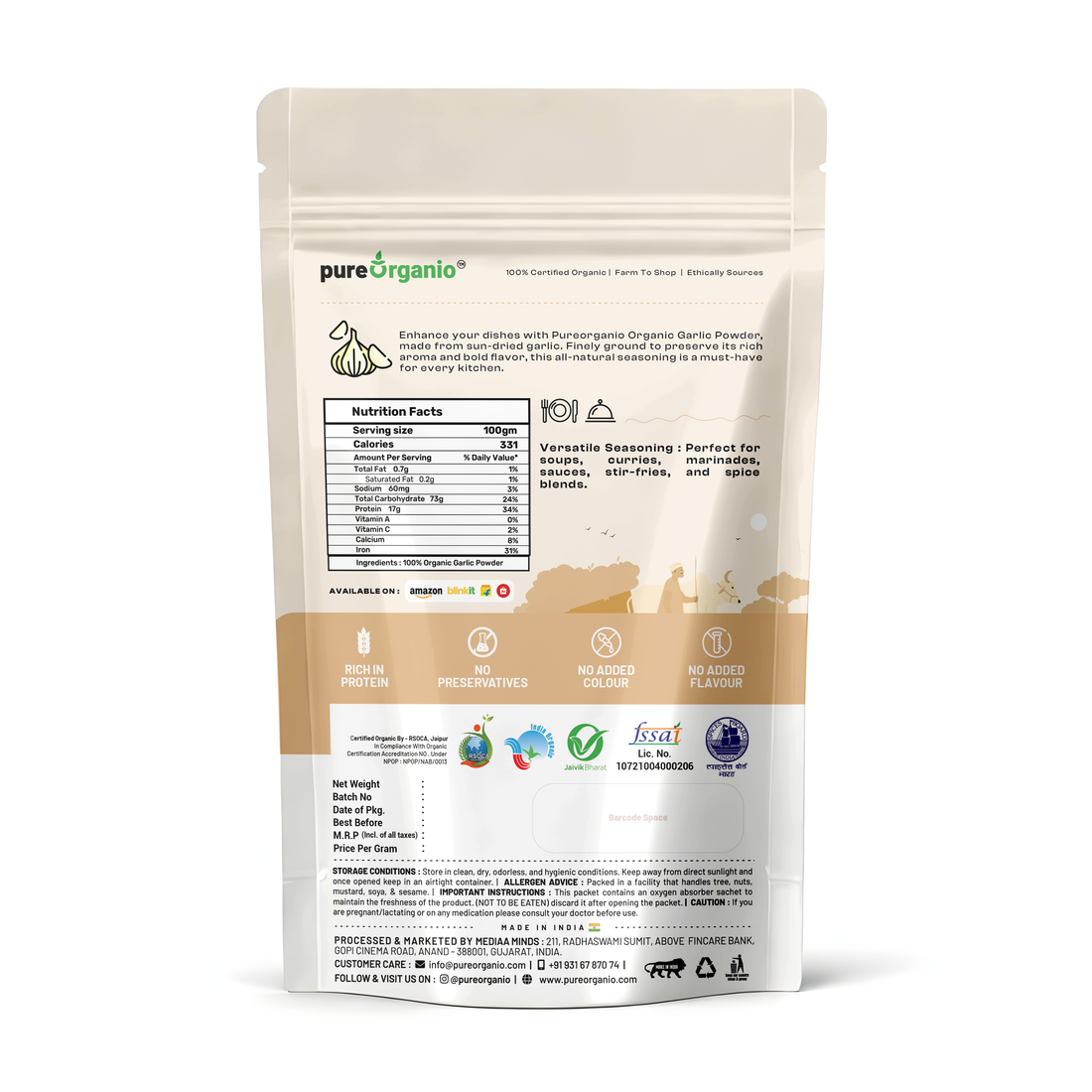 Pure Organio Organic Garlic Powder Indian Organic NPOP Certified