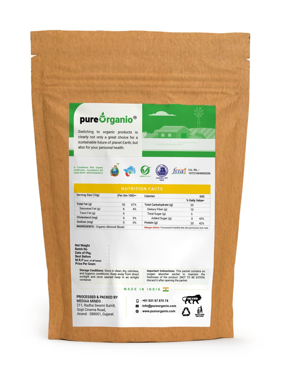 Pure Organio Organic Almond Slices Crunchy & Naturally Sourced Badam Flakes Indian Organic Certifed NPOP (50 Gm)