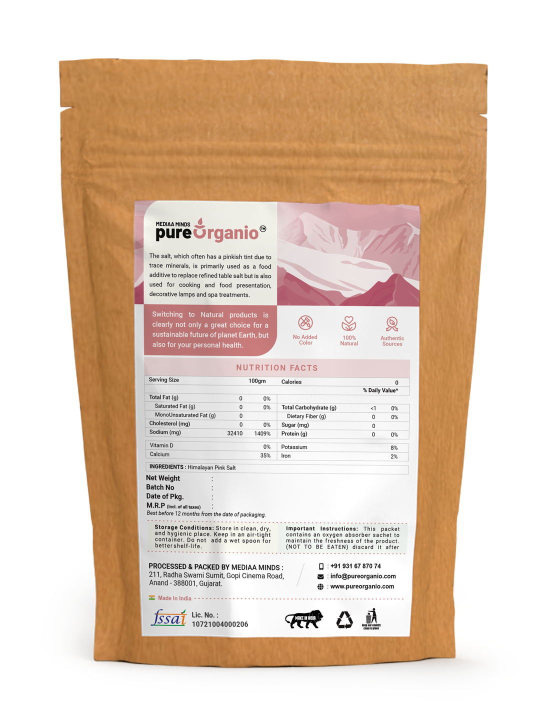 Pure Organio Natural Himalayan Pink Salt Powder