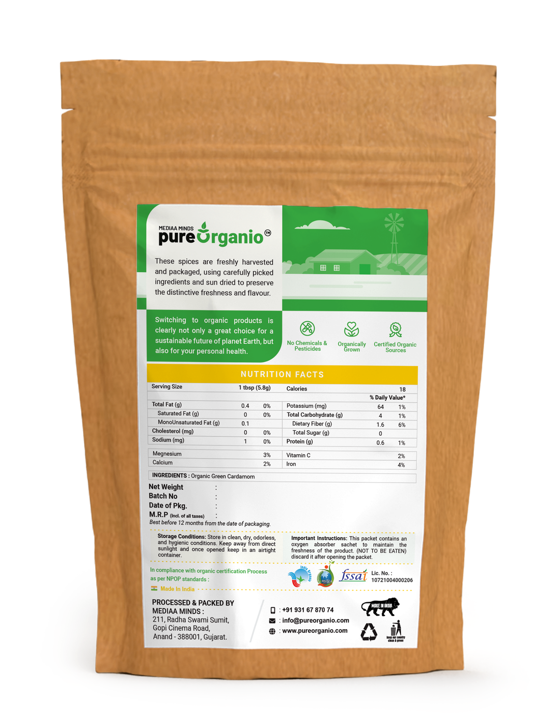 Pure Organic Organic Green Cardamom Whole Elaichi Indian Organic NPOP Certified