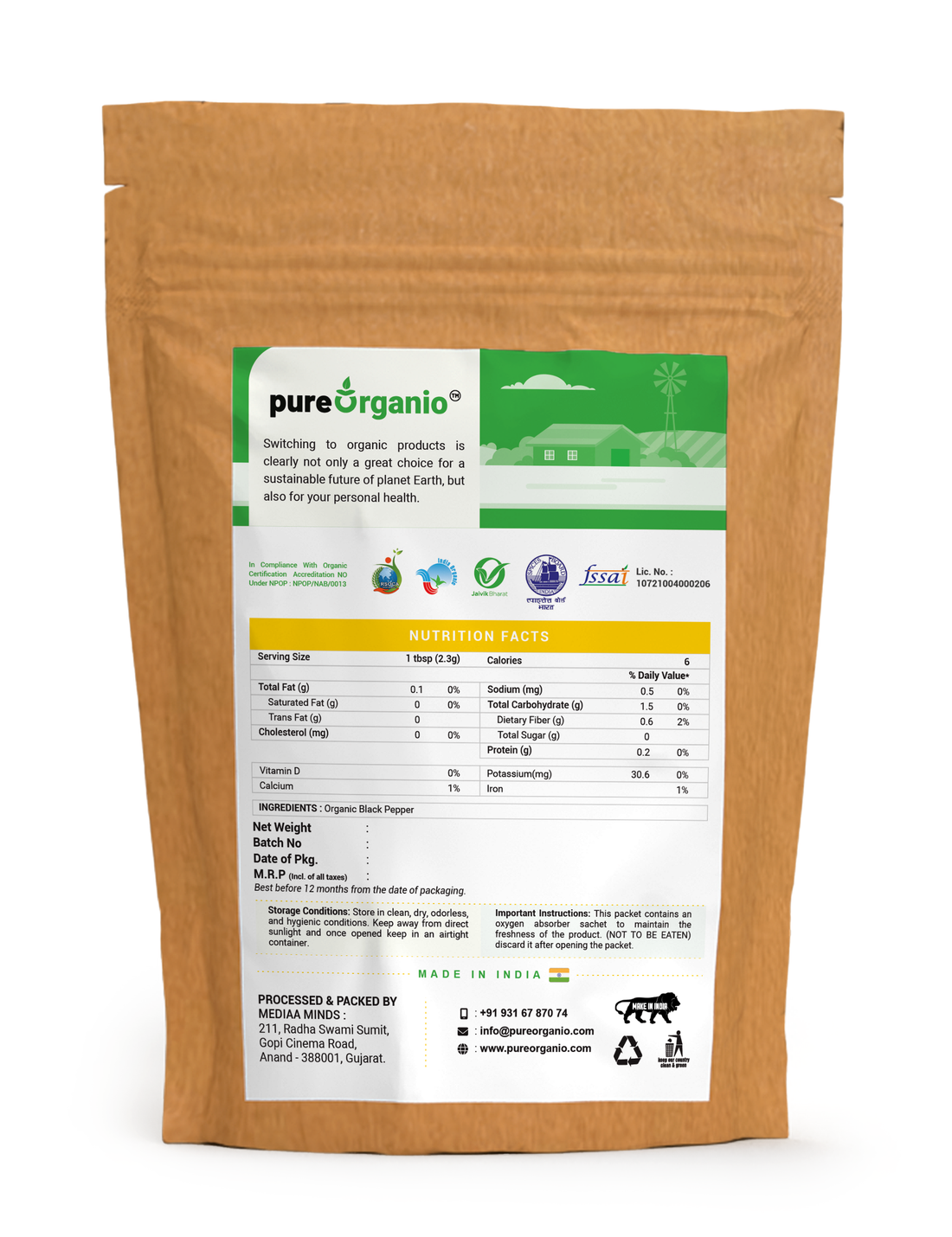Pure Organio Organic Black Pepper - Kali Mirch