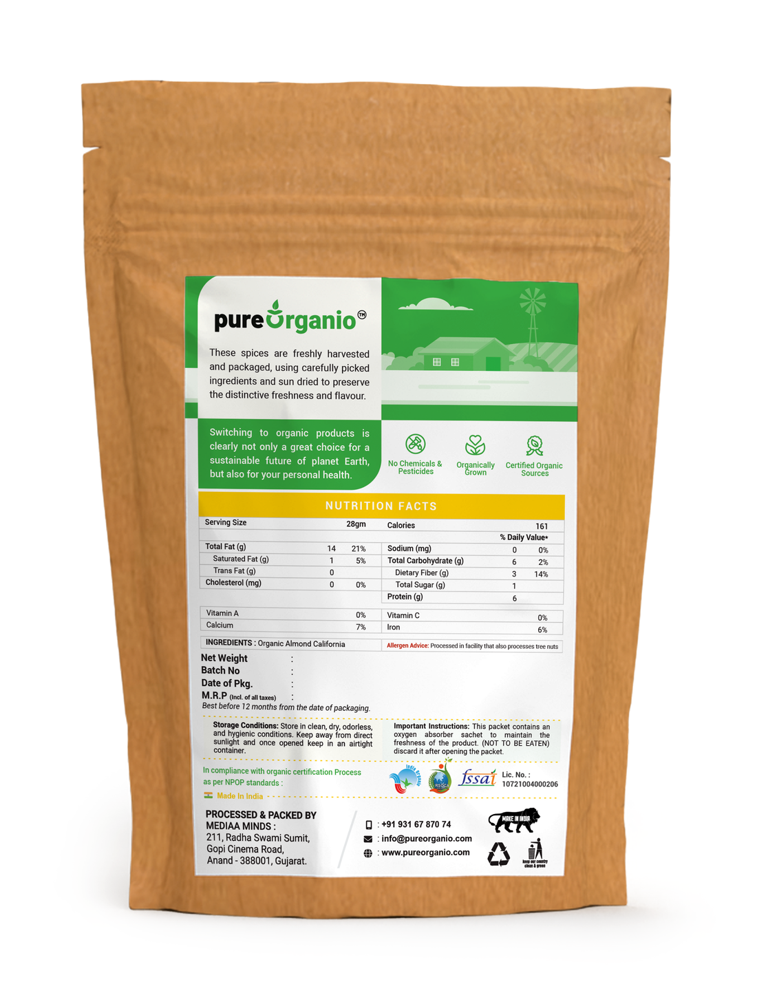 Pure Organio Organic Almonds - Calforina Badam NPOP Certified