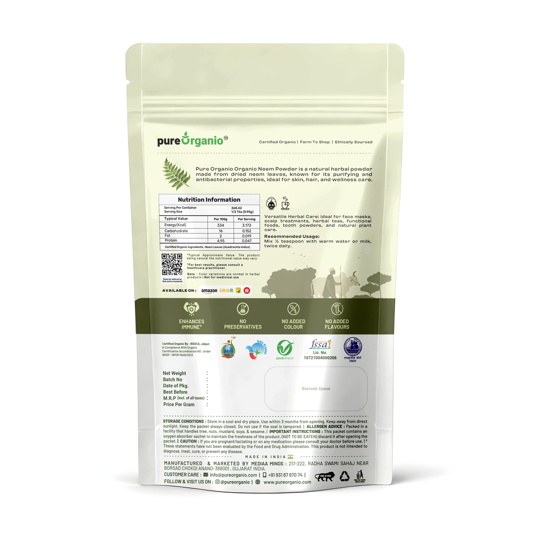 Pure Organio Organic Neem Powder Indian Organic NPOP Certified