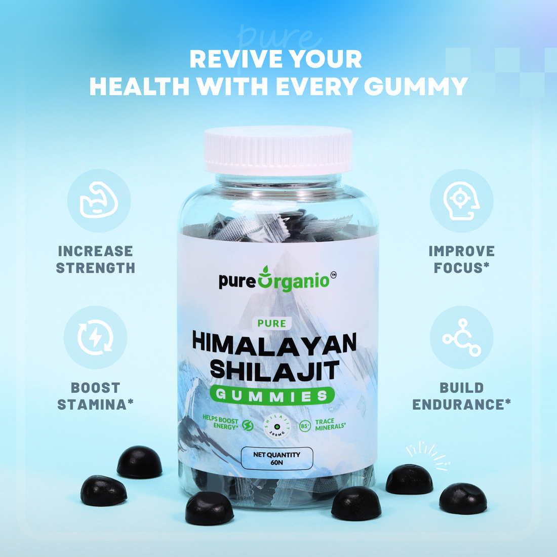 Pure Organio Himalayan Shilajit Gummies – 60 Pcs | Energy, Stamina & Strength Booster | Pure Shilajit Extract | Natural Testosterone Support | Ayurvedic Vitality Supplement for Men & Women